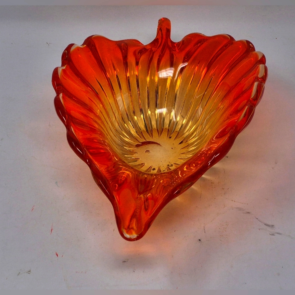Vintage Hand Blown Orange And Yellow Hand Blown Leaf Shaped Dish